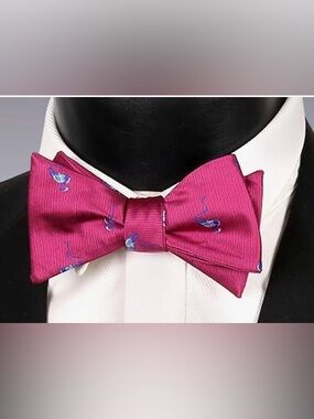 Silk Self-Tie Bow Tie in Berry with Blue Flamingo Motif